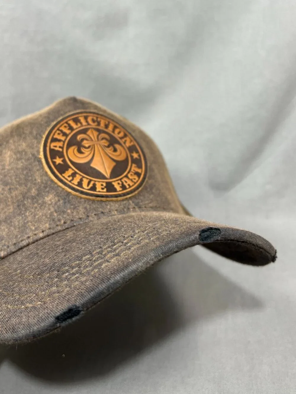 Affliction Live Fast Trucker Hat Snapback Brown Leather Patch Distressed Cap